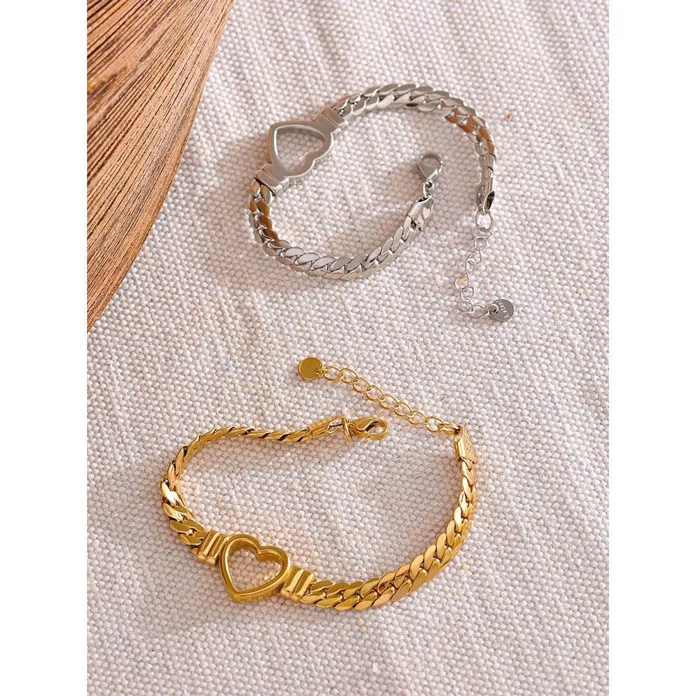 Yhpup (Wrist over 40mm fit this style) High Quality Love Heart Cuban Chain Stainless Steel Metal Bracelet Waterproof Jewelry