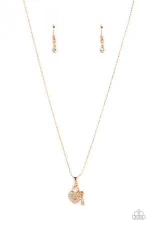 You Hold My Heart - Gold - White Rhinestone Heart Key Paparazzi Short Dainty Necklace