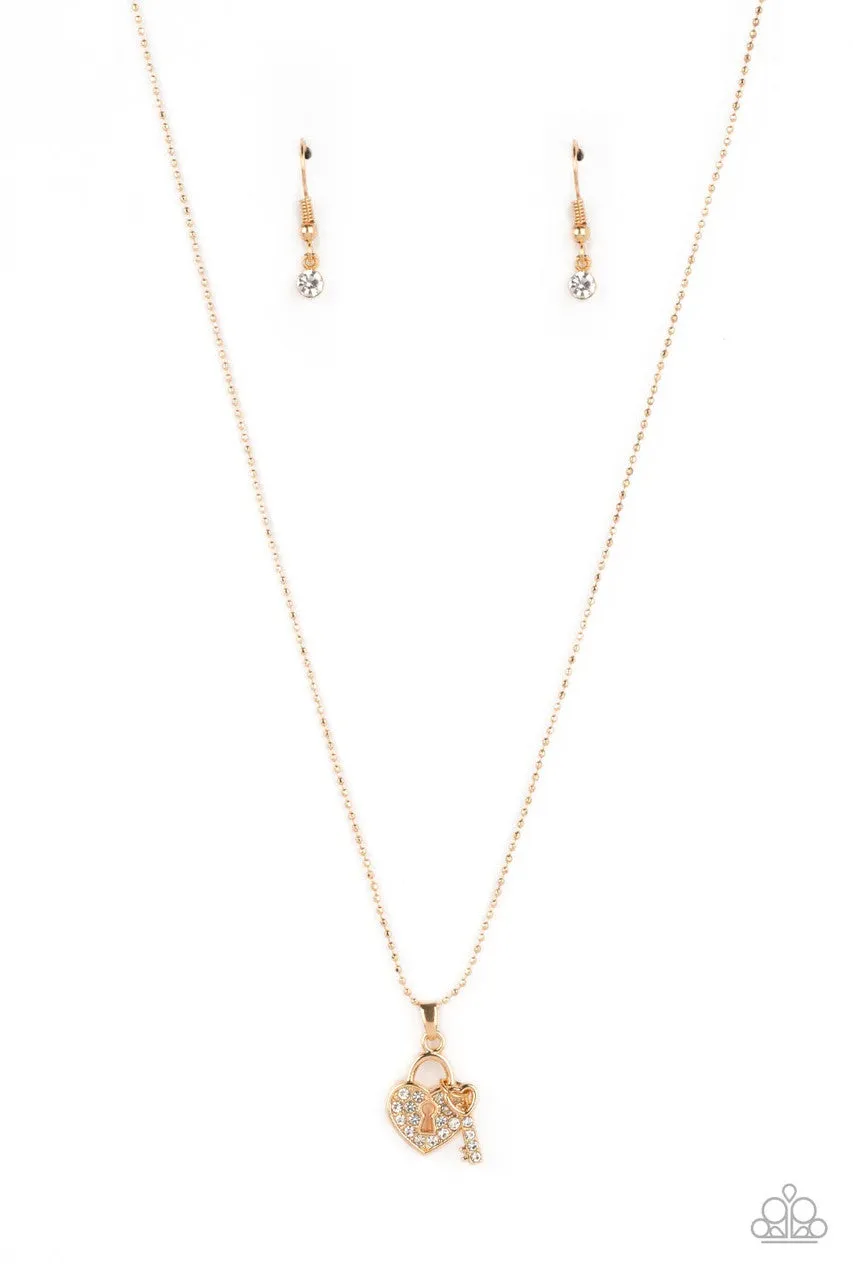 You Hold My Heart - Gold - White Rhinestone Heart Key Paparazzi Short Dainty Necklace